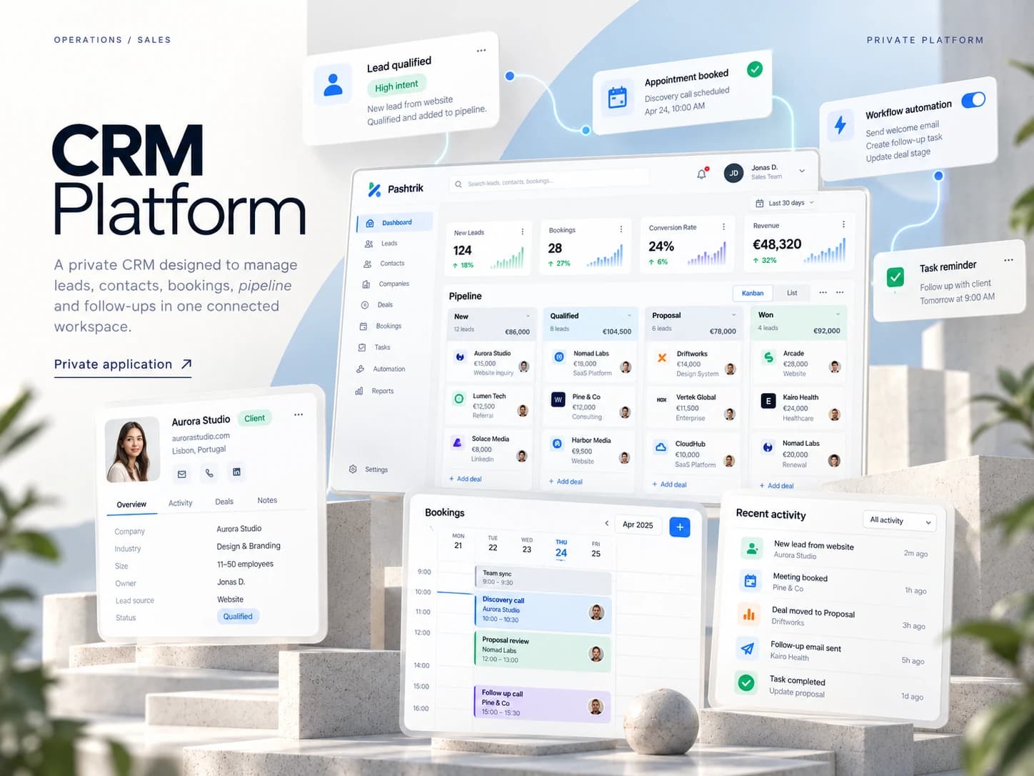 CRM interface presentation with lead cards, a sales pipeline, bookings, follow-up panels and example business records.