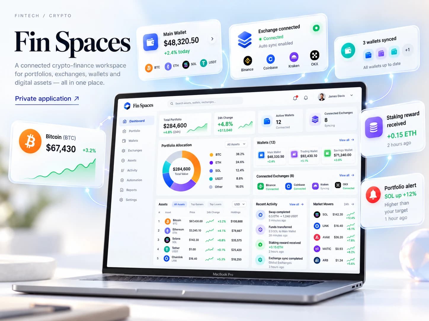 Fin Spaces interface presentation with multiple wallets, a portfolio dashboard, exchange cards, staking notifications and example balances.