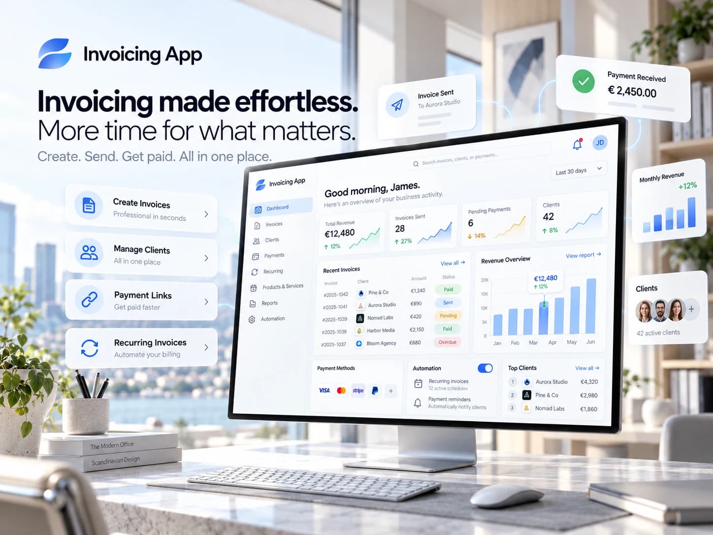 Invoicing App interface presentation with invoices, client cards, billing charts and example payment figures.