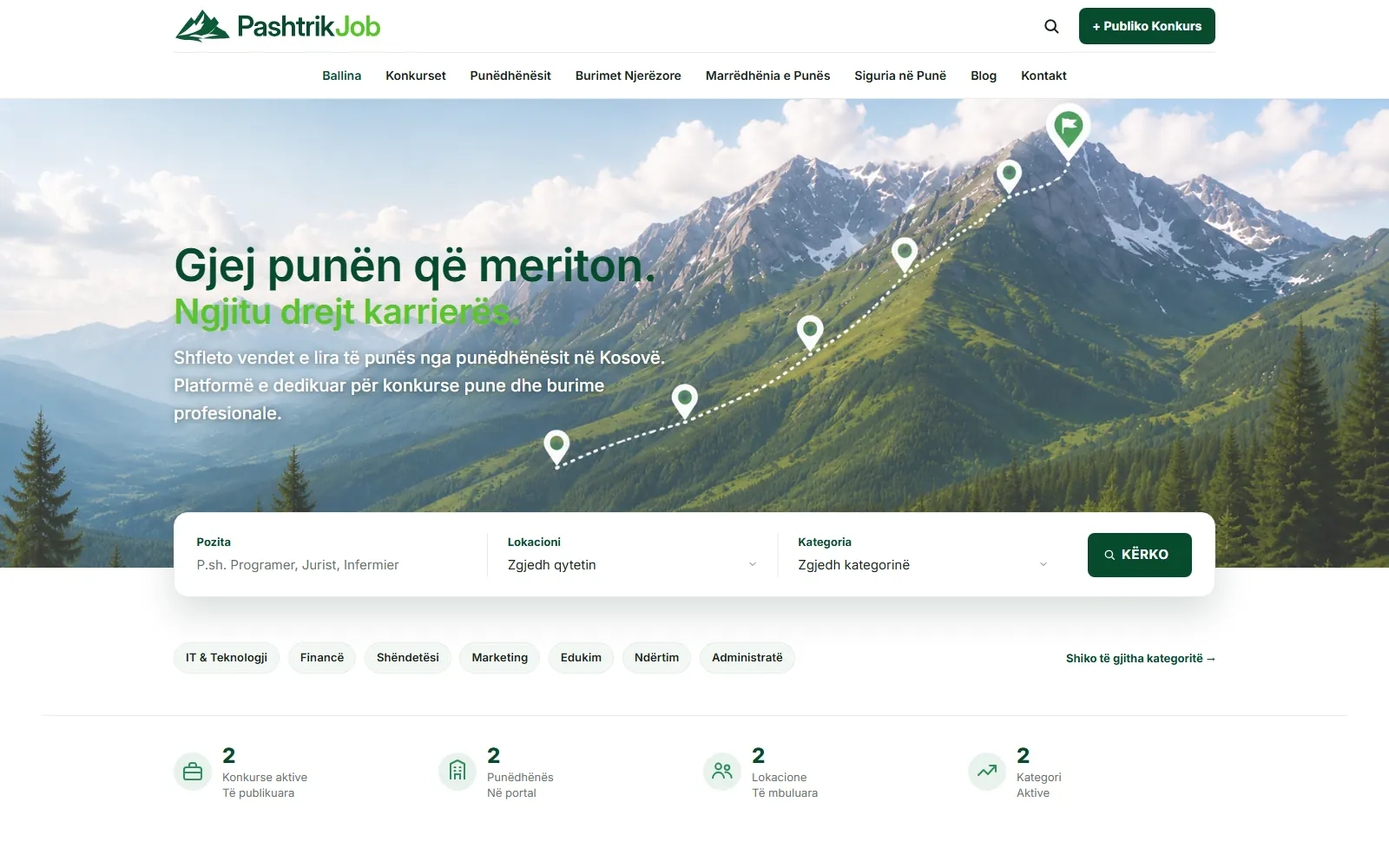 PashtrikJob homepage: job search by position, location and category, over a mountain landscape.