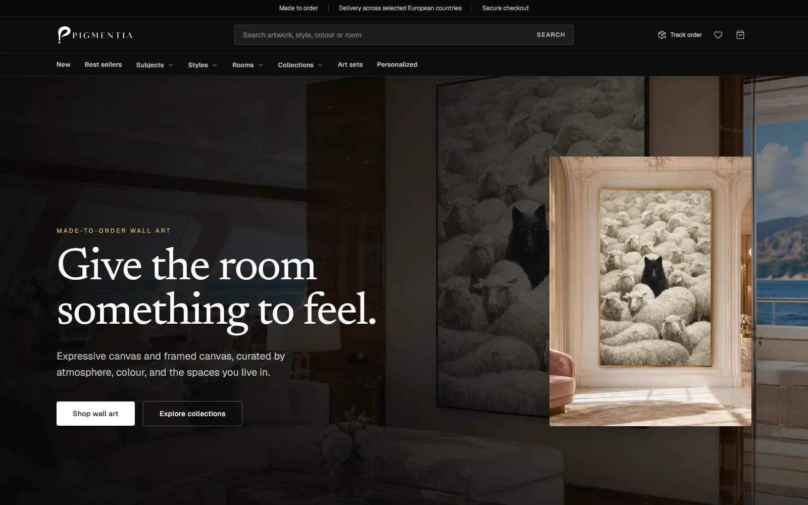 Pigmentia shop homepage: made-to-order wall art, search by style, colour or room, and framed artwork shown in a room.